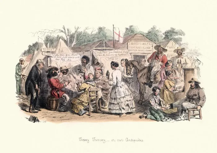 Framed Print : Caricature of life in a nineteenth century Australian settlement, Victorian Framed Print : Caricature of life in a nineteenth century Australian settlement, Victorian