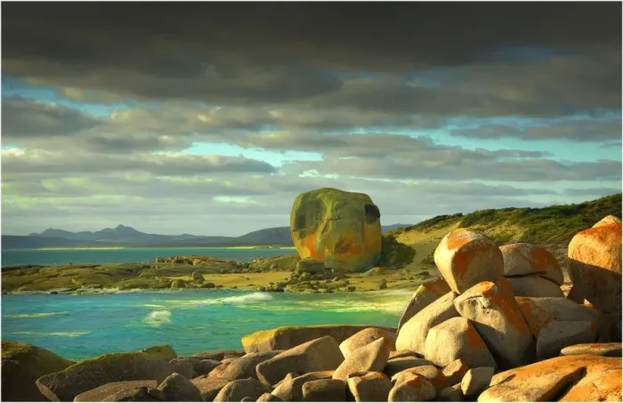 Framed Print : Castle Rock and the colourful coastline at Marshall bay, Flinders Island, Bass Strait, Tasmania Framed Print : Castle Rock and the colourful coastline at Marshall bay, Flinders Island, Bass Strait, Tasmania
