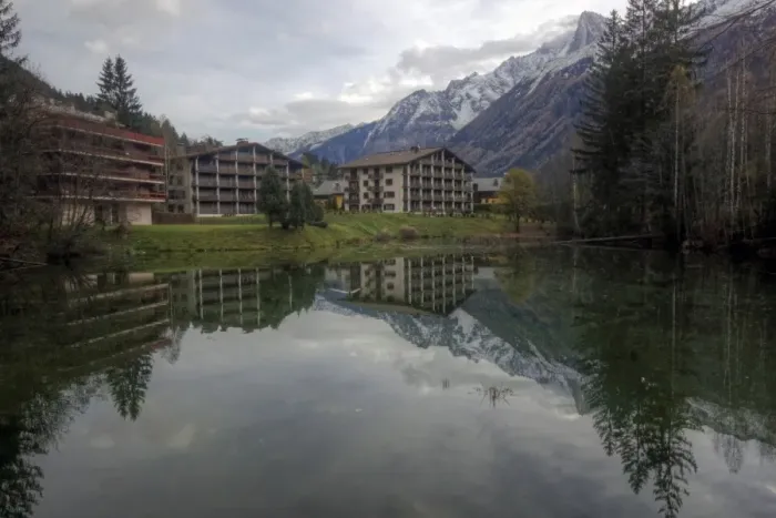 Framed Print : Chamonix holiday accommodation and Alps reflection Framed Print : Chamonix holiday accommodation and Alps reflection