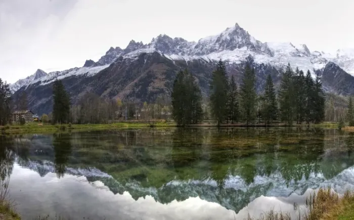 Framed Print : Chamonix valley high Alps water reflections