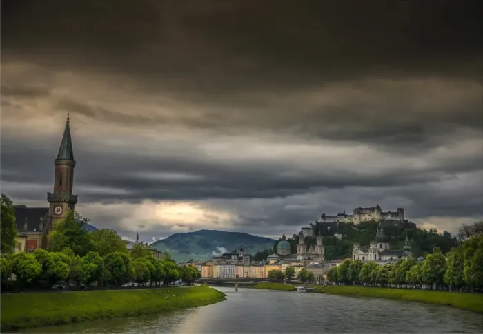 Framed Print : The city of Salzburg on the banks of the Salzach River, Austria Framed Print : The city of Salzburg on the banks of the Salzach River, Austria