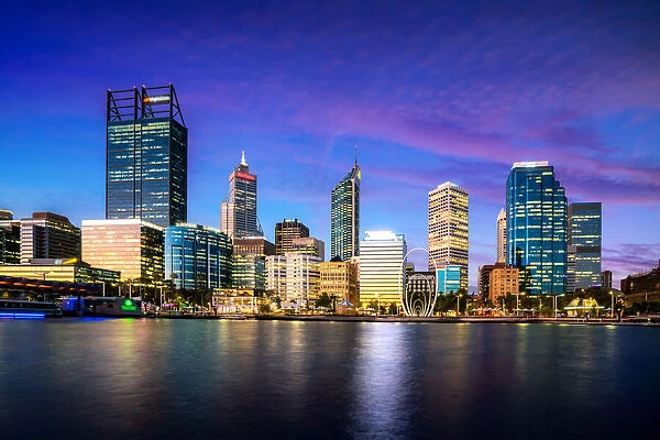Cityscape of Perth business district skyline in evening at Elizabeth quay waterfront in