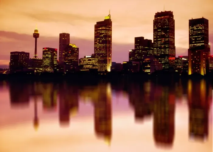 Framed Print : Cityscape of Sydney reflected in water
