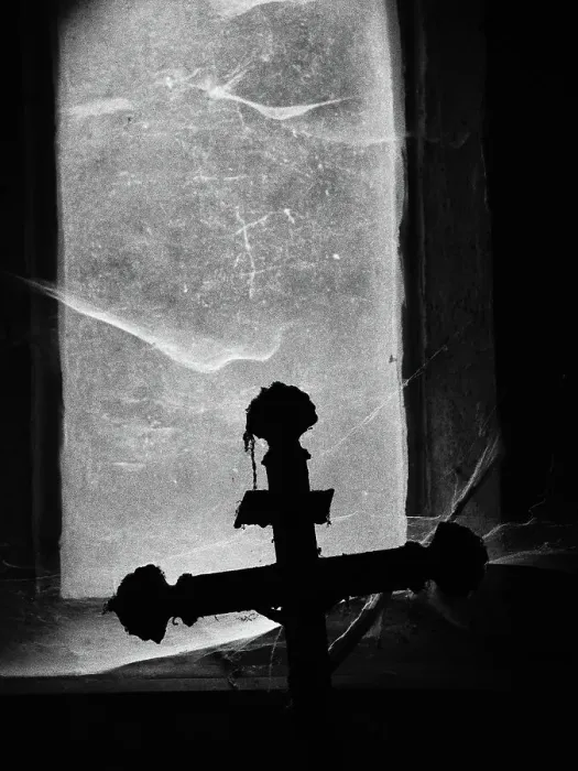 Framed Print : Close-up of a crucifix photographed against the light in front of a window covered by dust and spider webs at the Pere Lachaise cemetery in Paris, France