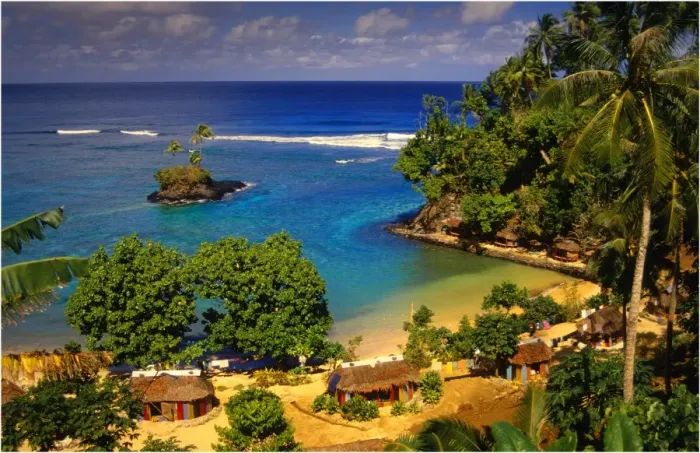 Framed Print : Cluster of tourist beach huts, The Island of Upolu, Western Samoa Framed Print : Cluster of tourist beach huts, The Island of Upolu, Western Samoa