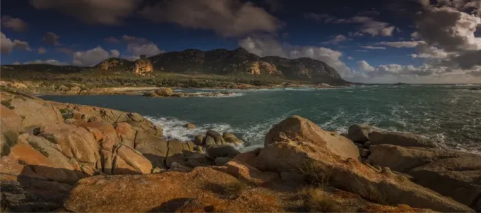 Framed Print : Coastal view of the docks, west coastline of Flinders Island, Bass Strait, Tasmania, Australia