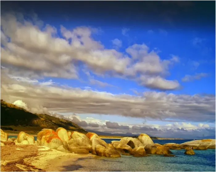 Framed Print : Coastline near Sawyers bay in an area called Lillies beach, which has beautiful lichen coloured boulders, Flinders Island, Bass Strait, Tasmania