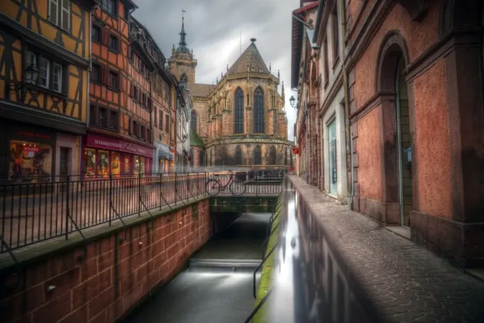 Framed Print : Colmar Cathedral, street and canal Framed Print : Colmar Cathedral, street and canal