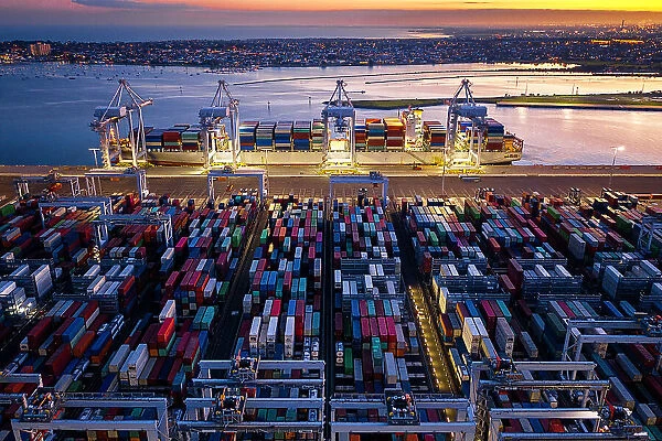 Colourful containers in the Port Melbourne cargo area at nigh ttime