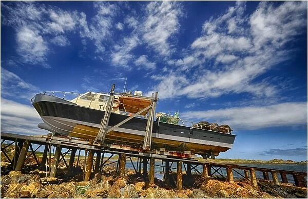 Crayfish trawler in dry dock, Nelson bay, Tarkine area of the west coast, Tasmania