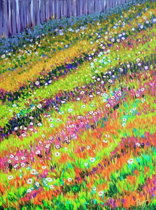 Framed Print : Daisies Growing on a Country Hillside Original Acrylic Painting Framed Print : Daisies Growing on a Country Hillside Original Acrylic Painting