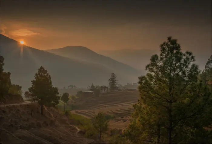 Framed Print : A dawn sky lights up the Punakha valley in Bhutan Framed Print : A dawn sky lights up the Punakha valley in Bhutan