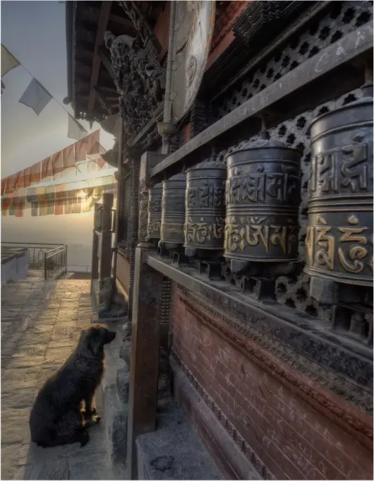 Framed Print : Dawn at Swayambunath temple and Prayer wheels used in worship, Western Himalayas, Nepal