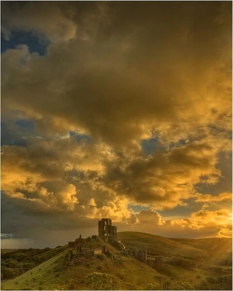 A dawn view of Corfe Castle, Isle of Purbeck, Dorset, England, United kingdom