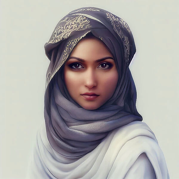 Digital artwork portrait of beautiful young traditionally dressed Arabian woman in hijab