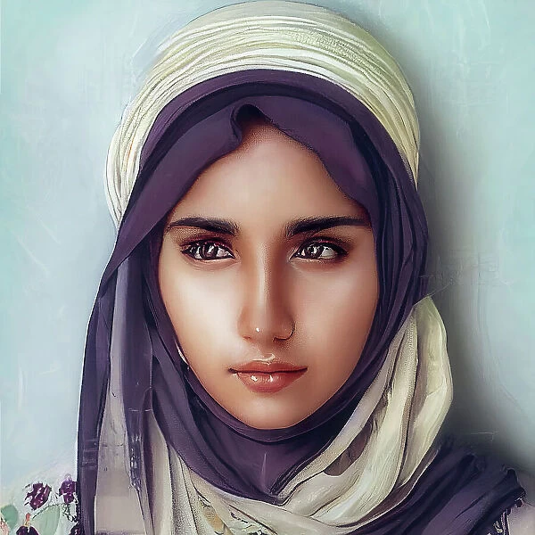 Digital artwork portrait of beautiful young traditionally dressed Arabian woman in hijab