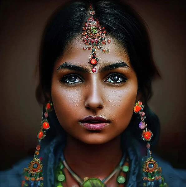Digital artwork portrait of a beautiful young Indian woman with ornate headress staring straight ahead