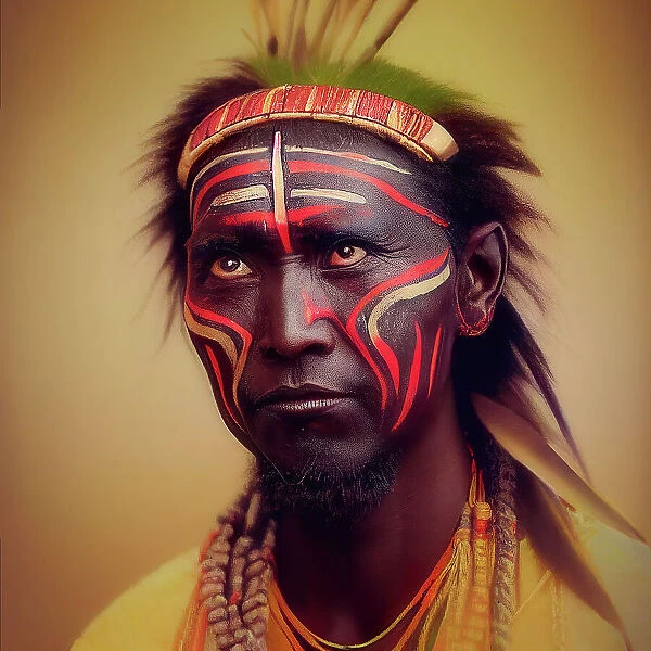 Digital artwork portrait of a handsome Kenyan Maasai tribe man with traditional custome and face paint