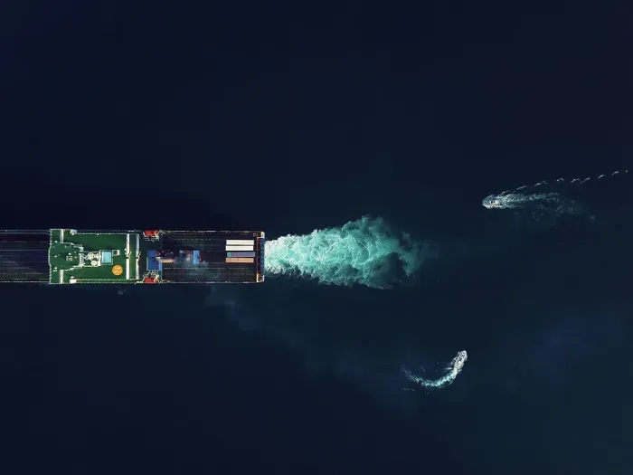 Framed Print : Directly above view of two pilot boats commanding a RoRo cargo ship into the harbour