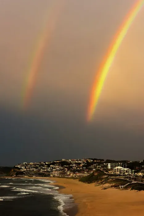 Framed Print : double rainbow over beach after a storm passed through Framed Print : double rainbow over beach after a storm passed through