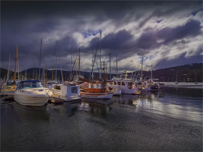 Framed Print : Dramatic light over the harbour at Kettering, southern Tasmania