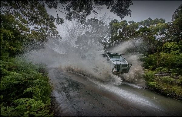 Driving through water on King Island, Bass Strait, Tasmania, Australia