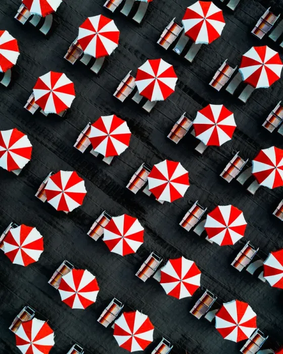 Framed Print : Drone image directly above beach umbrellas, Massa, Italy