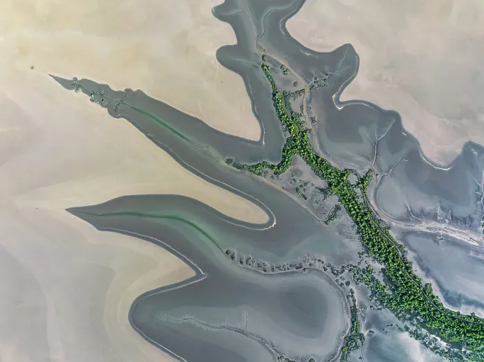 Framed Print : Drone shot looking down on the edge of a flood plain, Wyndham, Western Australia, Australia