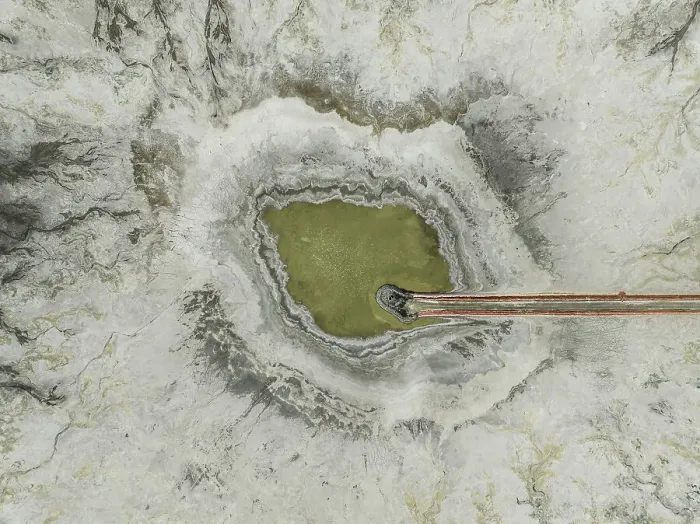 Framed Print : Drone shot looking down on a pool of water in a mine, Western Australia, Australia Framed Print : Drone shot looking down on a pool of water in a mine, Western Australia, Australia