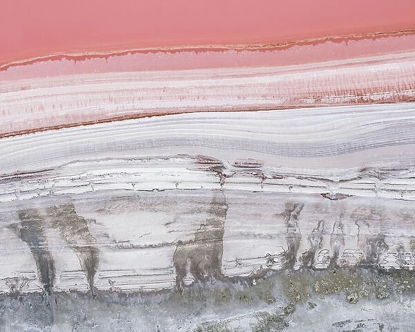Drone view at the edge of a pink salt lake, Victoria, Australia