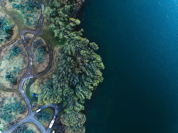 Drone view of Lake Pearson (Moana Rua) looking down