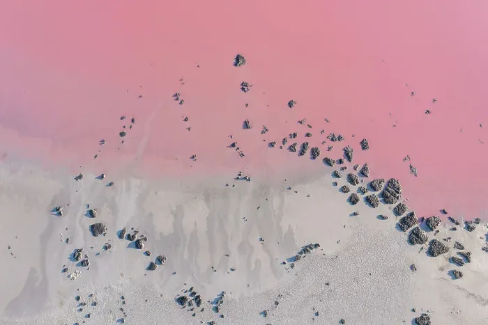 Framed Print : Drone view point of the pink shades of color, patterns and textures over Pink Lake waters with dark salty sandy soil Framed Print : Drone view point of the pink shades of color, patterns and textures over Pink Lake waters with dark salty sandy soil