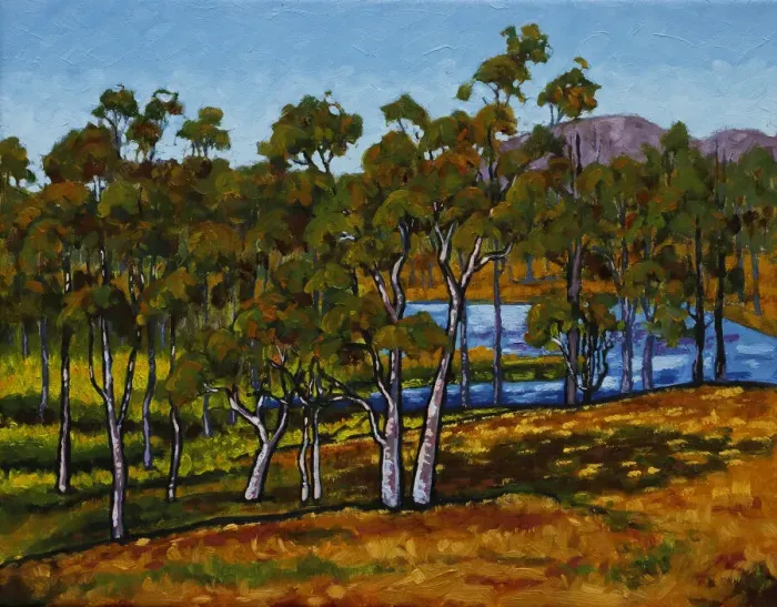 Framed Print : Dry Australian Countryside with Dam and Lush Grasses Oil Painting Framed Print : Dry Australian Countryside with Dam and Lush Grasses Oil Painting
