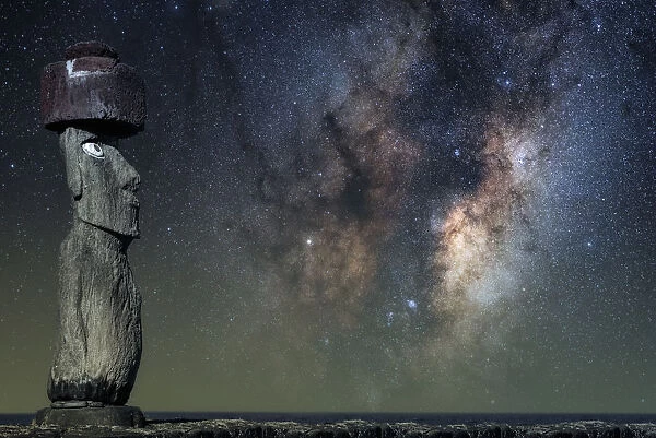 Easter Island head statue Moai under the Milky Way
