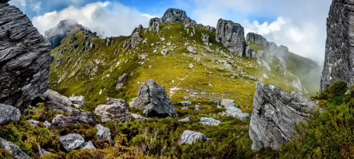 Framed Print : Eastern descent from mt. Hayes in Western Arthurs Range, Southwest Tasmania Framed Print : Eastern descent from mt. Hayes in Western Arthurs Range, Southwest Tasmania