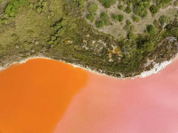 Framed Print : Edge of a pink and orange coloured salt lake shot from a birds-eye perspective, South Australia, Australia Framed Print : Edge of a pink and orange coloured salt lake shot from a birds-eye perspective, South Australia, Australia