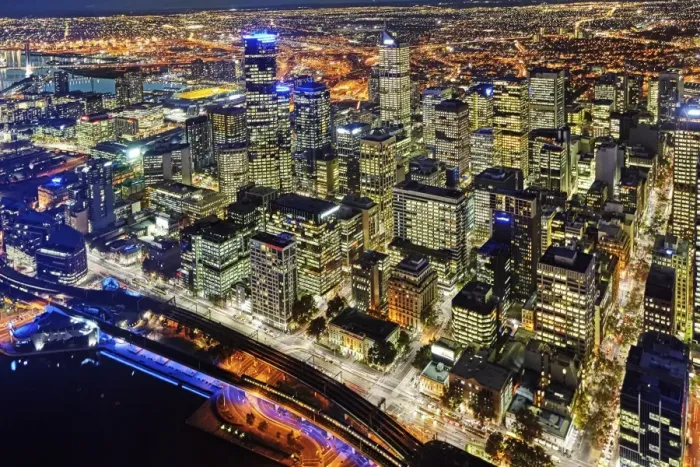 Framed Print : Elevated view of the Centre and docklands illuminated at night Framed Print : Elevated view of the Centre and docklands illuminated at night