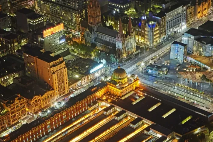 Framed Print : Elevated view of Flinders street station at night