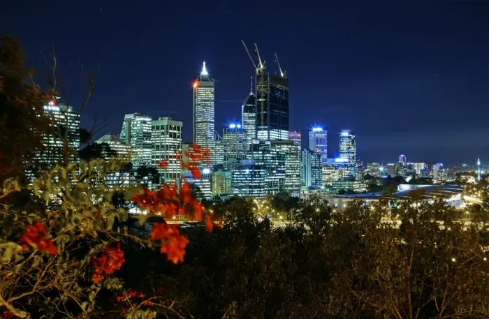 Framed Print : Elevated view of Perth business district at dusk