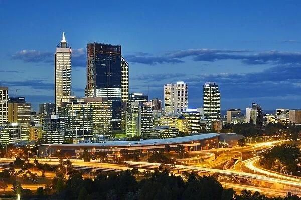 Elevated view of Perth business district at dusk