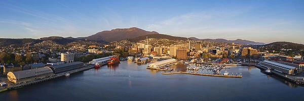 Elevated View of the Skyline of Hobart and Mt Wellington at Sunrise