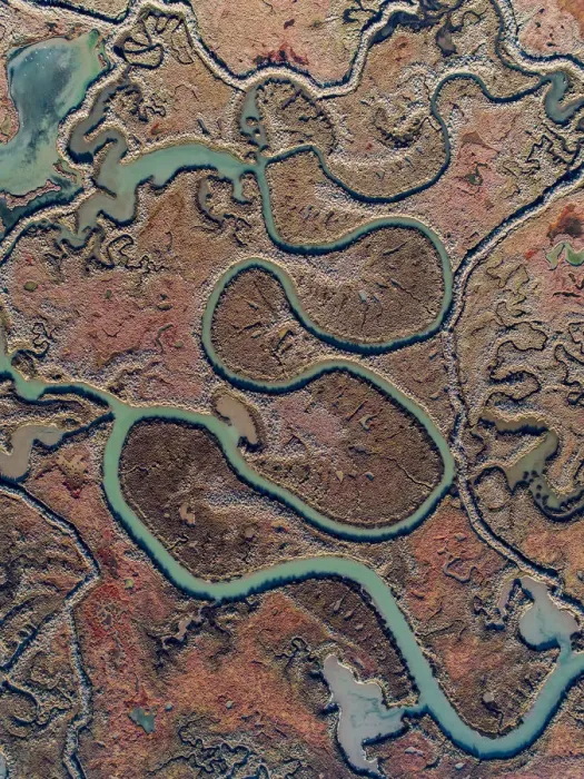Framed Print : Estuary patterns as seen from above, Huelva, Spain