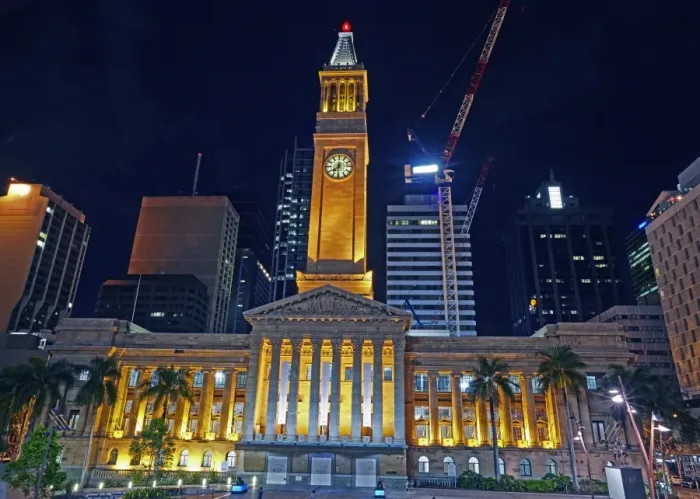 Framed Print : Facade of Brisbanes City hall illuminated at night