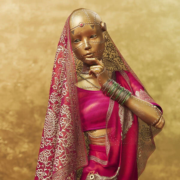 Female cyborg wearing red sari