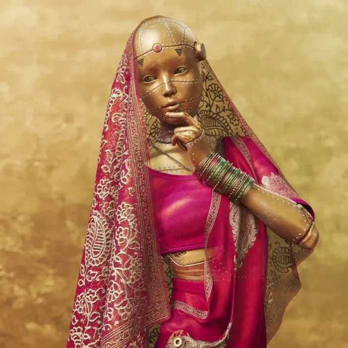 Framed Print : Female cyborg wearing red sari