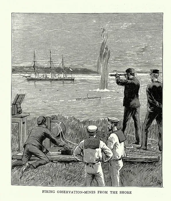 Framed Print : Firing observation mines from the shores, HMS Nelson, Naval drill, Jervis Bay, New South Wales, 1880s Framed Print : Firing observation mines from the shores, HMS Nelson, Naval drill, Jervis Bay, New South Wales, 1880s