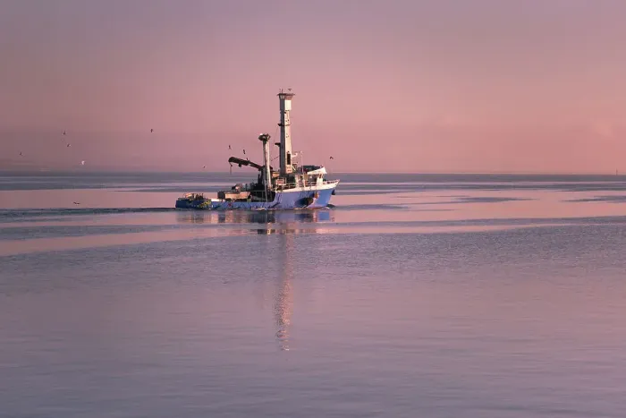 Framed Print : Fishing vessel of to work at Sunrise