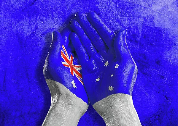 Flag of Australia painted on two hands together