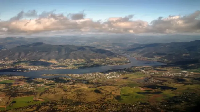 Framed Print : Flight over Hobart and surrounding mountains