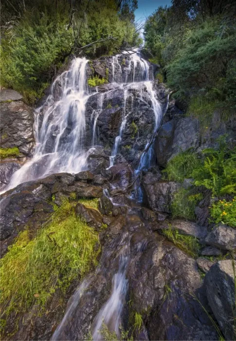 Framed Print : Flowing water over Falls Creek waterfall in the Alpine mountainous region of north east Victoria, Australia
